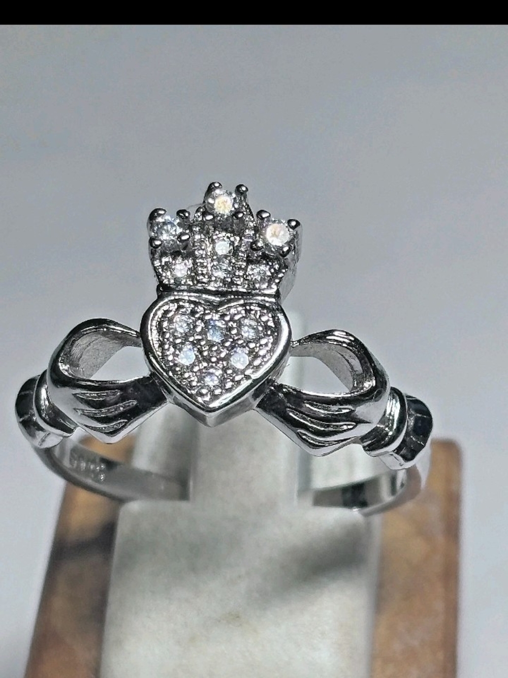 Sterling Silver Heart Crown Ring with Pave Accent - Silver